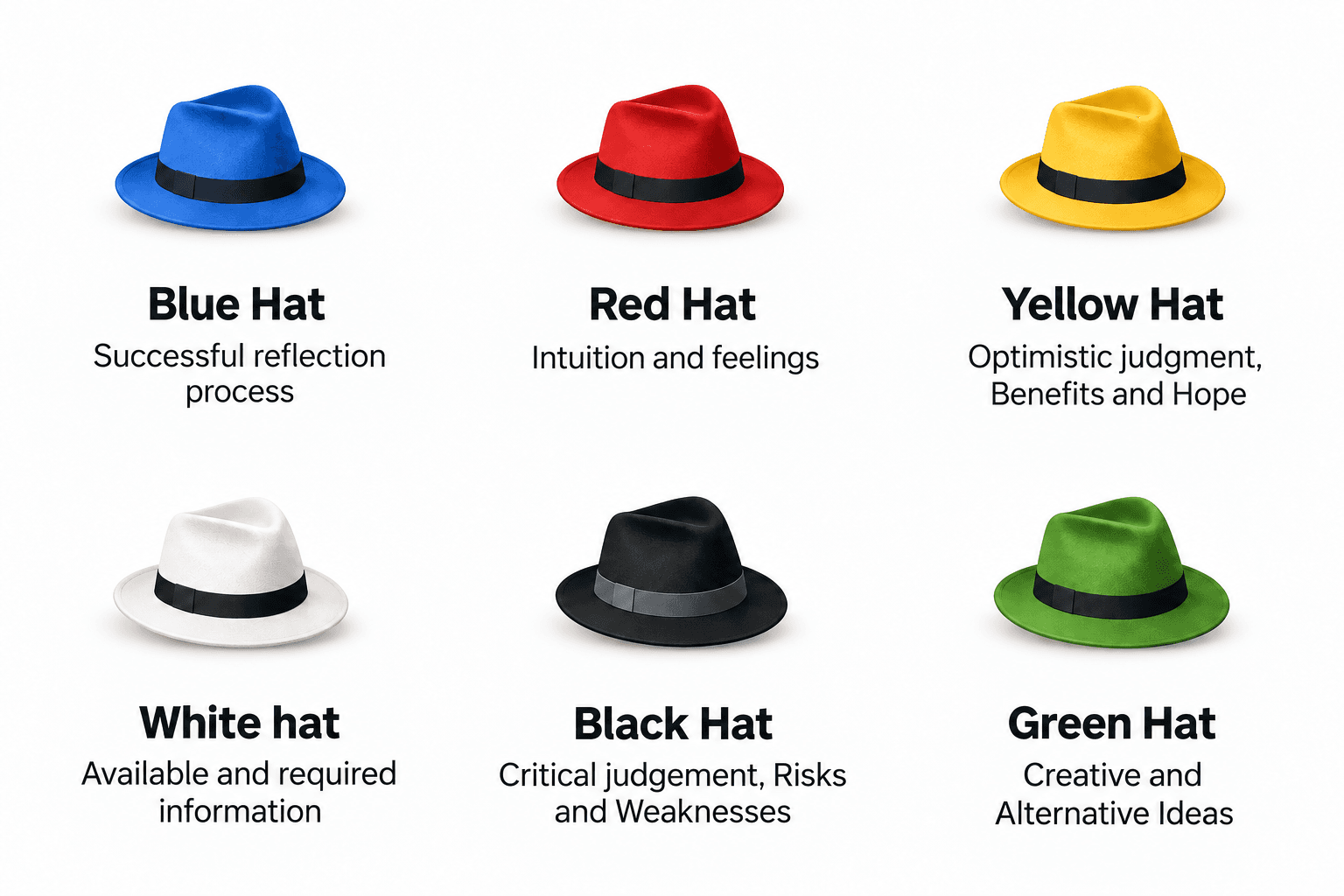Blue Hat: Successful reflection process. Red Hat: Intuition and feelings. Yellow Hat: Optimistic judgment, Benefits and Hope. White hat: Available and required information. Black Hat: Critical judgement, Risks and Weaknesses. Green Hat: Creative and Alternative Ideas.