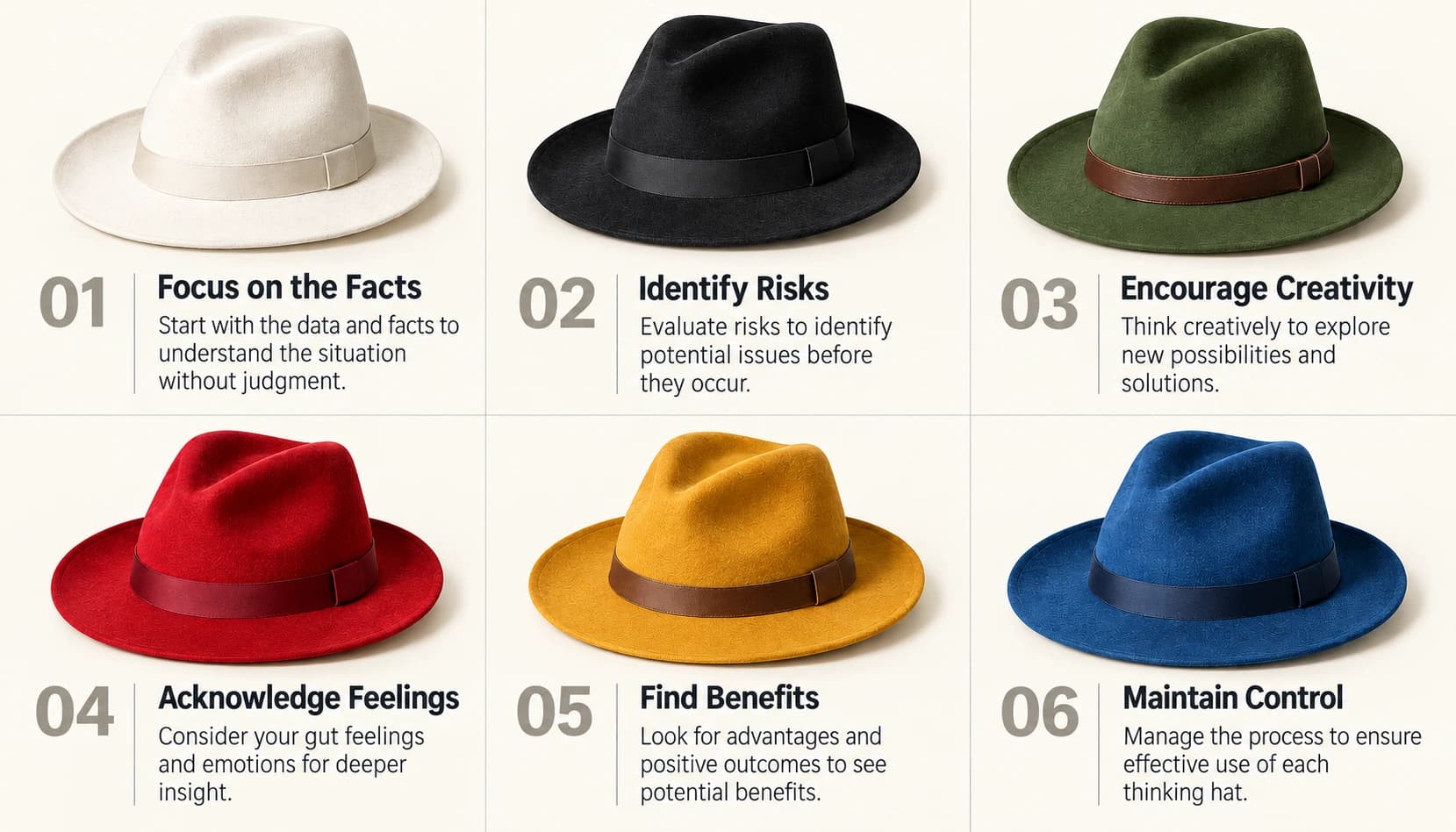 01 White: Focus on the Facts. 02 Black: Identify Risks. 03 Green: Encourage Creativity. 04 Red: Acknowledge Feelings. 05 Yellow: Find Benefits. 06 Blue: Maintain Control.
