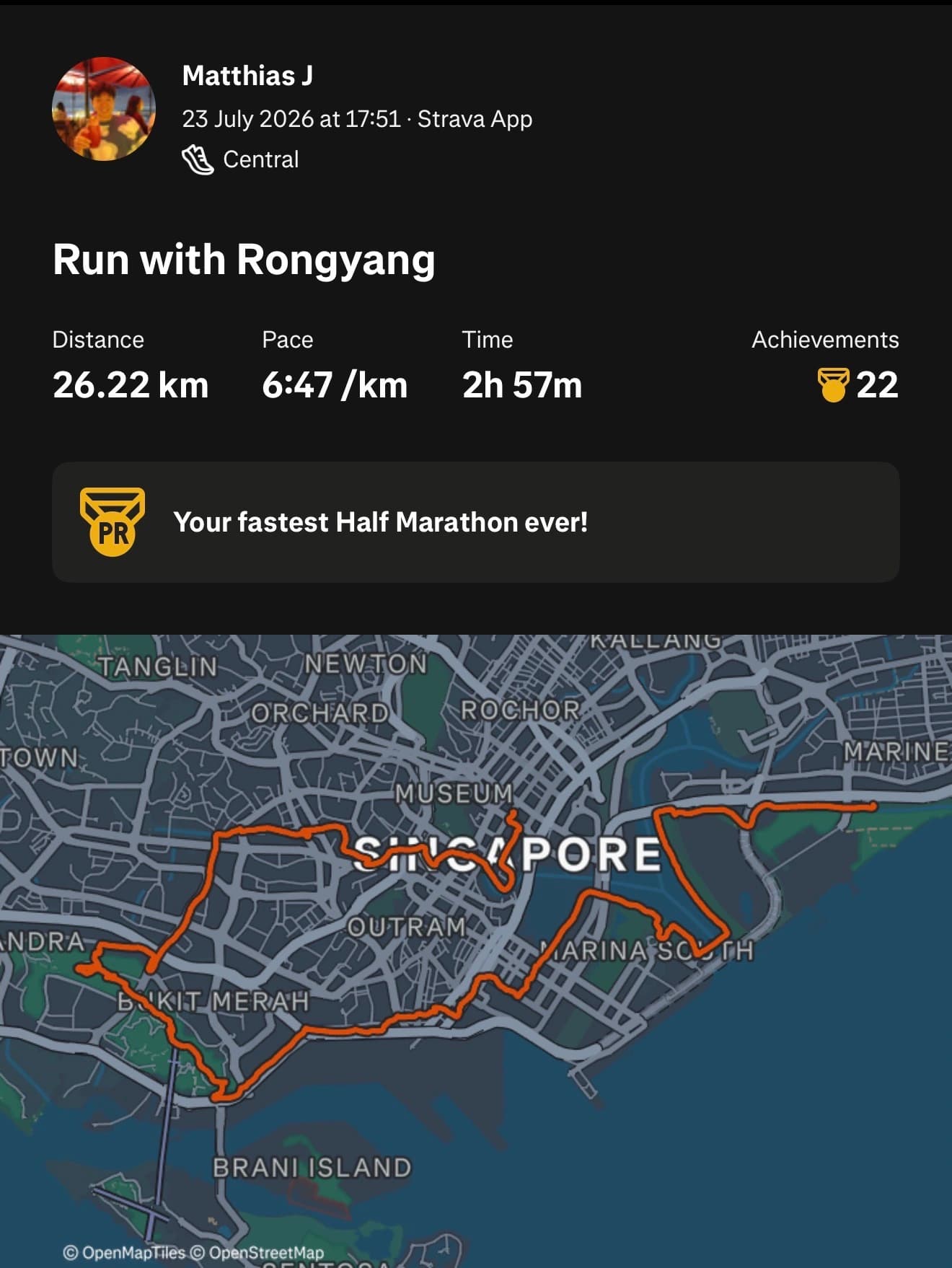 Strava: Run with Rongyang, 23 July 2026. Distance 26.22 kilometres, pace 6 minutes 47 seconds per kilometre, time 2 hours 57 minutes; fastest half marathon and the route through Singapore.
